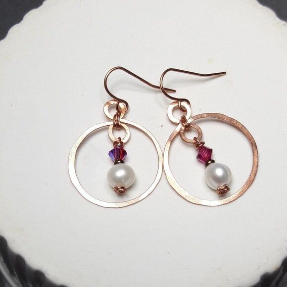 Hand Crafted Jewelry - Red Pearl Copper Hooks Hidden Meaning earrings Natural Elements, Organic f  066■